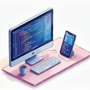 Developer workspace with code editor and phone showing app interface